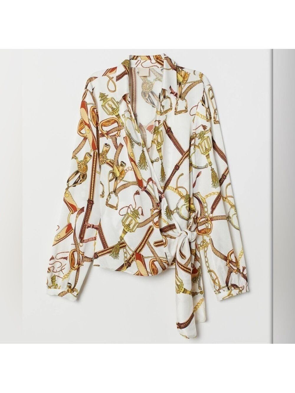 H&M Western Wrapover Blouse W/TIE Western Print Neutral colours Flowy fabric sz2